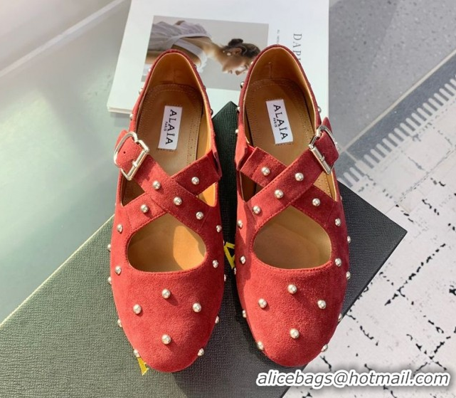Durable Maison Alaia Criss Cross Ballet Flats in Suede and Studs Red Brown 0219019