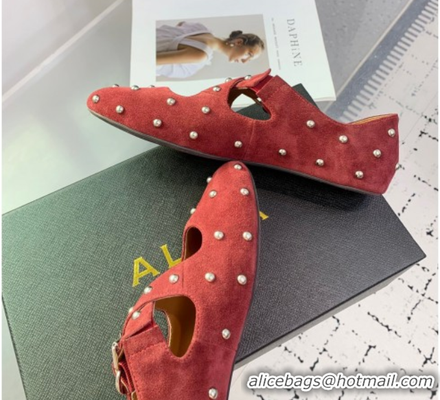 Durable Maison Alaia Criss Cross Ballet Flats in Suede and Studs Red Brown 0219019