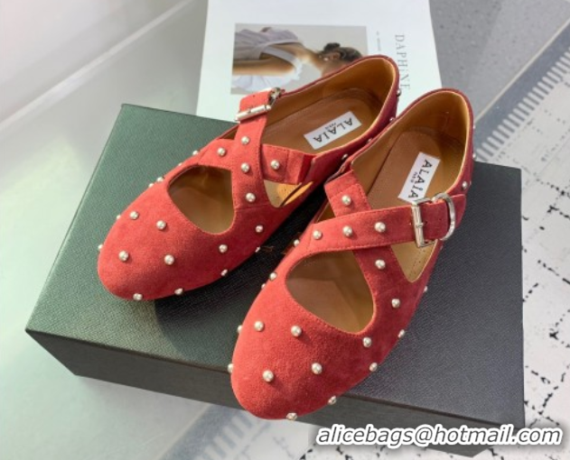 Durable Maison Alaia Criss Cross Ballet Flats in Suede and Studs Red Brown 0219019
