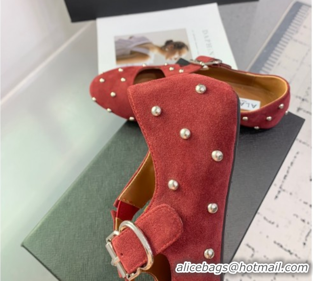Durable Maison Alaia Criss Cross Ballet Flats in Suede and Studs Red Brown 0219019