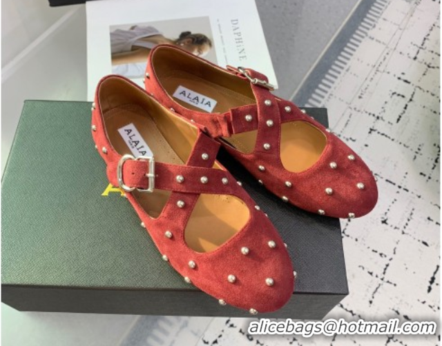 Durable Maison Alaia Criss Cross Ballet Flats in Suede and Studs Red Brown 0219019