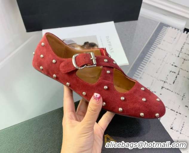 Durable Maison Alaia Criss Cross Ballet Flats in Suede and Studs Red Brown 0219019