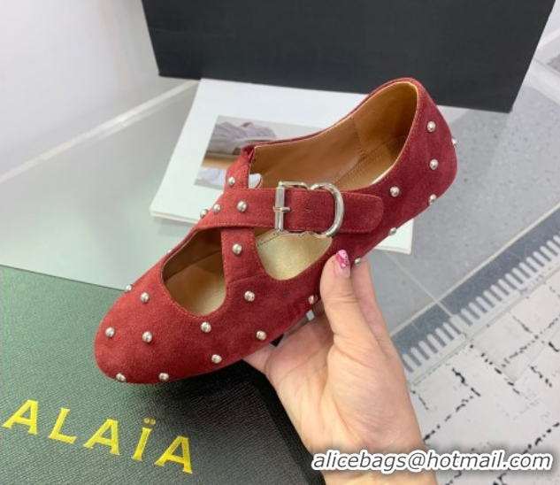 Durable Maison Alaia Criss Cross Ballet Flats in Suede and Studs Red Brown 0219019