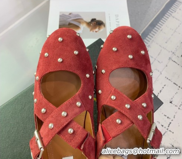 Durable Maison Alaia Criss Cross Ballet Flats in Suede and Studs Red Brown 0219019