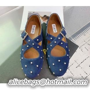 Shop Duplicate Maison Alaia Criss Cross Ballet Flats in Suede and Studs Dark Blue 0219020