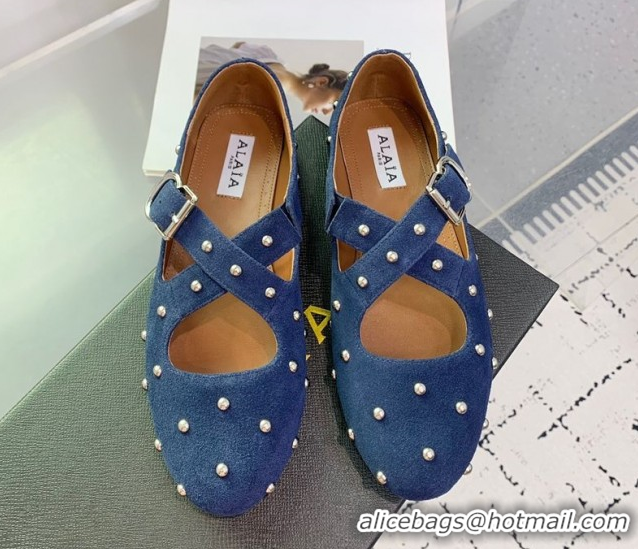 Shop Duplicate Maison Alaia Criss Cross Ballet Flats in Suede and Studs Dark Blue 0219020