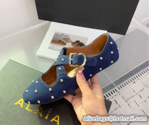 Shop Duplicate Maison Alaia Criss Cross Ballet Flats in Suede and Studs Dark Blue 0219020