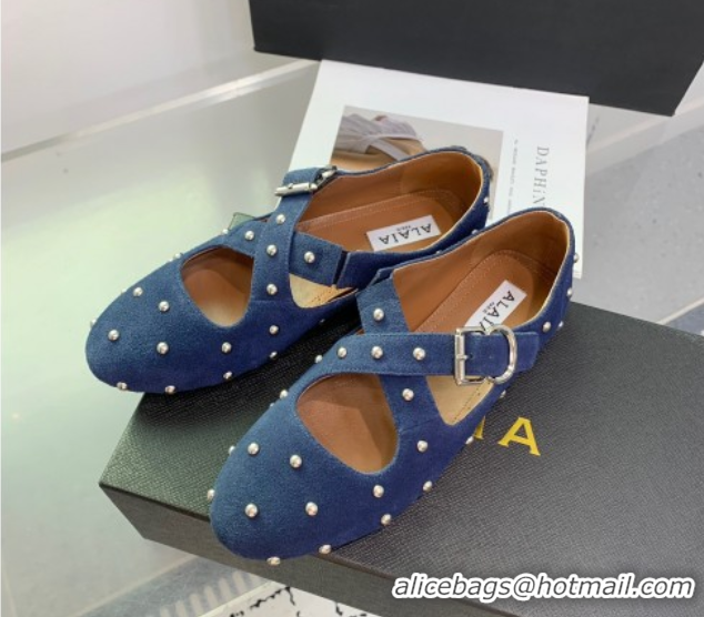 Shop Duplicate Maison Alaia Criss Cross Ballet Flats in Suede and Studs Dark Blue 0219020