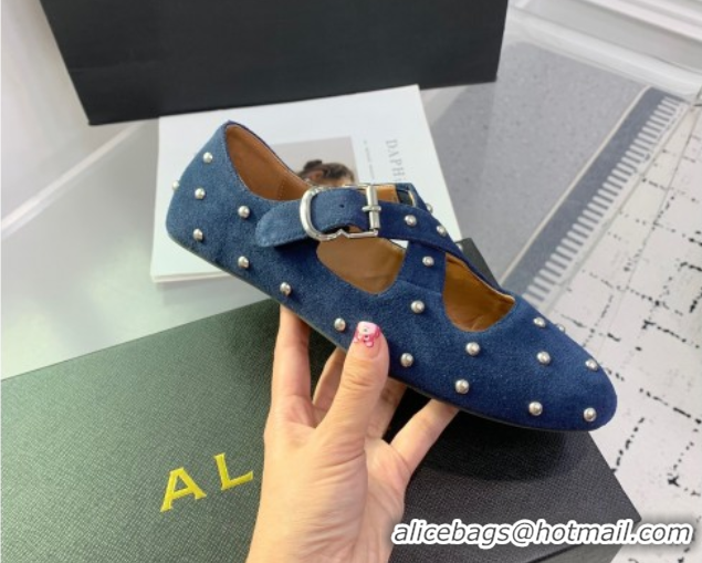 Shop Duplicate Maison Alaia Criss Cross Ballet Flats in Suede and Studs Dark Blue 0219020