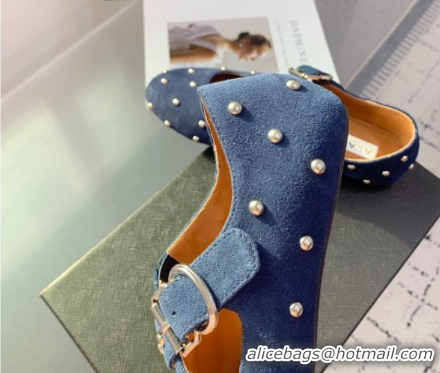 Shop Duplicate Maison Alaia Criss Cross Ballet Flats in Suede and Studs Dark Blue 0219020