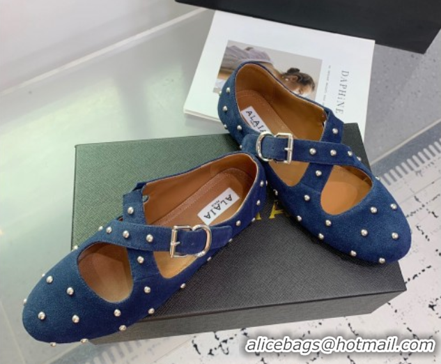 Shop Duplicate Maison Alaia Criss Cross Ballet Flats in Suede and Studs Dark Blue 0219020