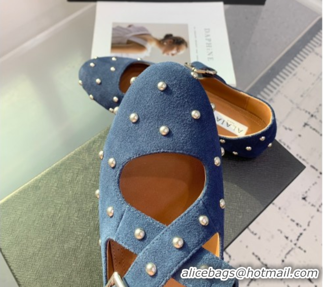 Shop Duplicate Maison Alaia Criss Cross Ballet Flats in Suede and Studs Dark Blue 0219020