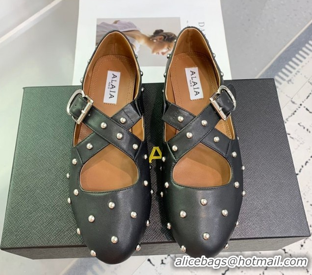 Best Price Maison Alaia Criss Cross Ballet Flats in Calfskin and Studs Black 0219021