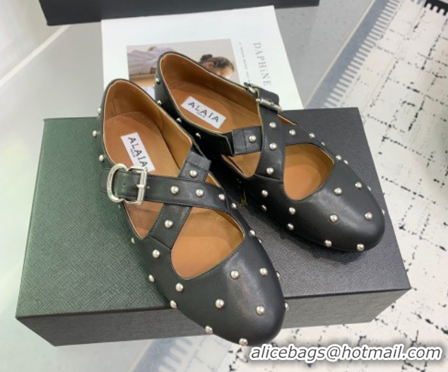 Best Price Maison Alaia Criss Cross Ballet Flats in Calfskin and Studs Black 0219021