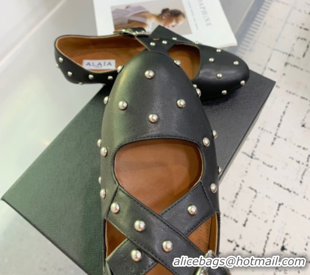 Best Price Maison Alaia Criss Cross Ballet Flats in Calfskin and Studs Black 0219021