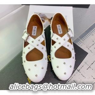 Purchase Maison Alaia Criss Cross Ballet Flats in Calfskin and Studs White 0219022