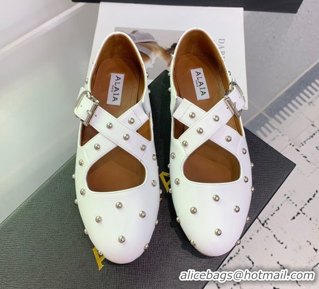 Purchase Maison Alaia Criss Cross Ballet Flats in Calfskin and Studs White 0219022