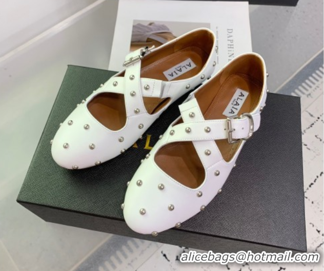 Purchase Maison Alaia Criss Cross Ballet Flats in Calfskin and Studs White 0219022