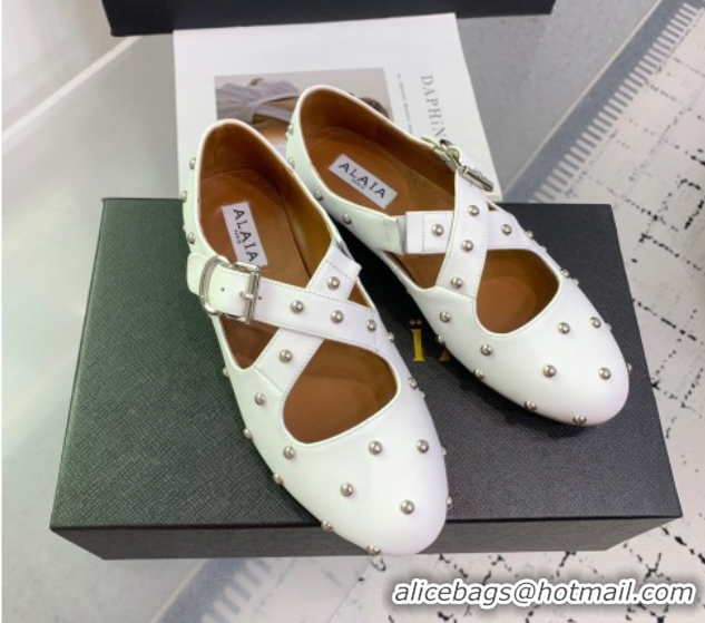 Purchase Maison Alaia Criss Cross Ballet Flats in Calfskin and Studs White 0219022