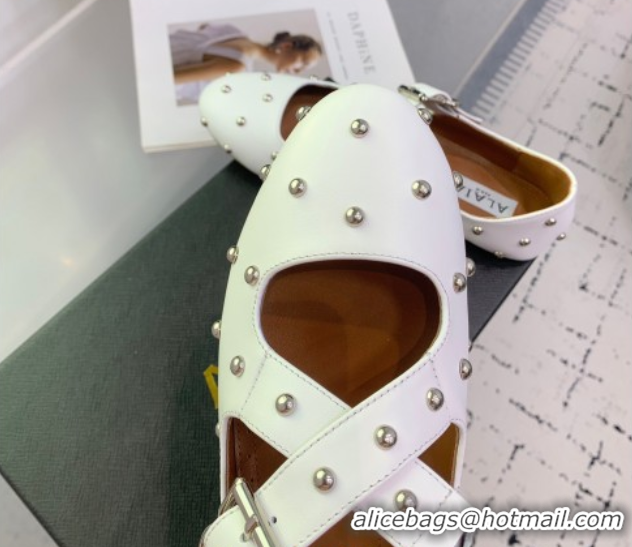 Purchase Maison Alaia Criss Cross Ballet Flats in Calfskin and Studs White 0219022