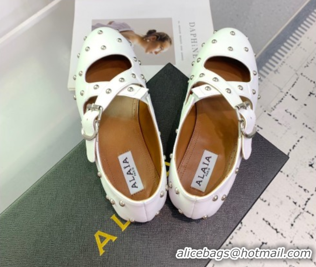 Purchase Maison Alaia Criss Cross Ballet Flats in Calfskin and Studs White 0219022