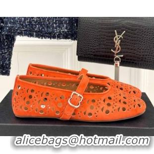 Buy Discount Alaia Ballet Flat in Openwork Suede Orange 0224042