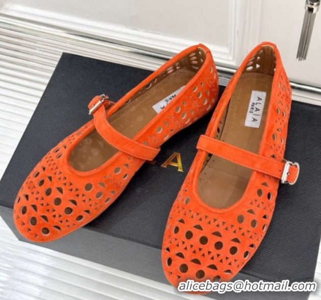 Buy Discount Alaia Ballet Flat in Openwork Suede Orange 0224042