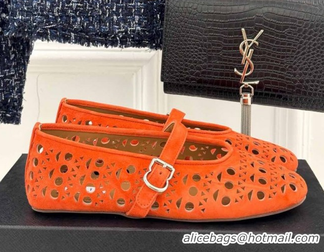 Buy Discount Alaia Ballet Flat in Openwork Suede Orange 0224042