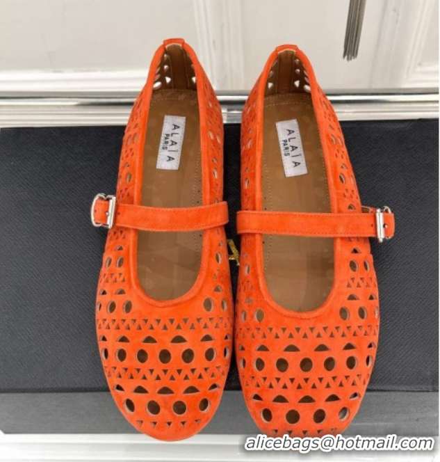 Buy Discount Alaia Ballet Flat in Openwork Suede Orange 0224042