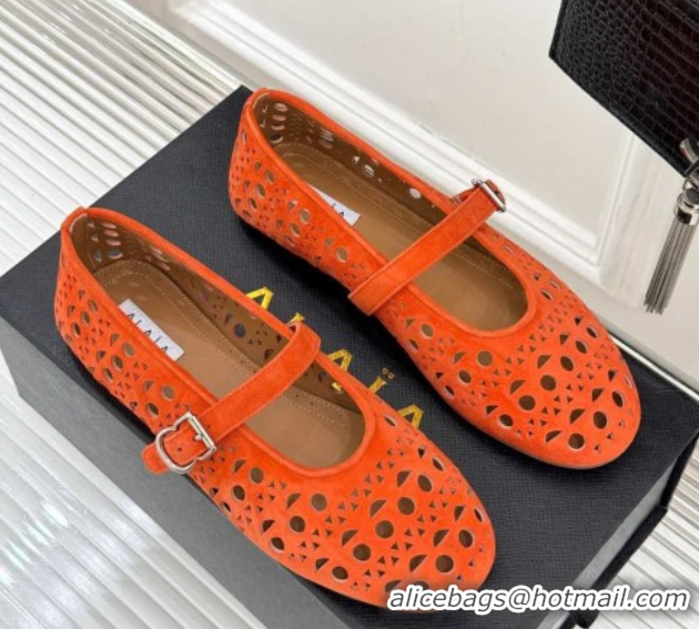 Buy Discount Alaia Ballet Flat in Openwork Suede Orange 0224042
