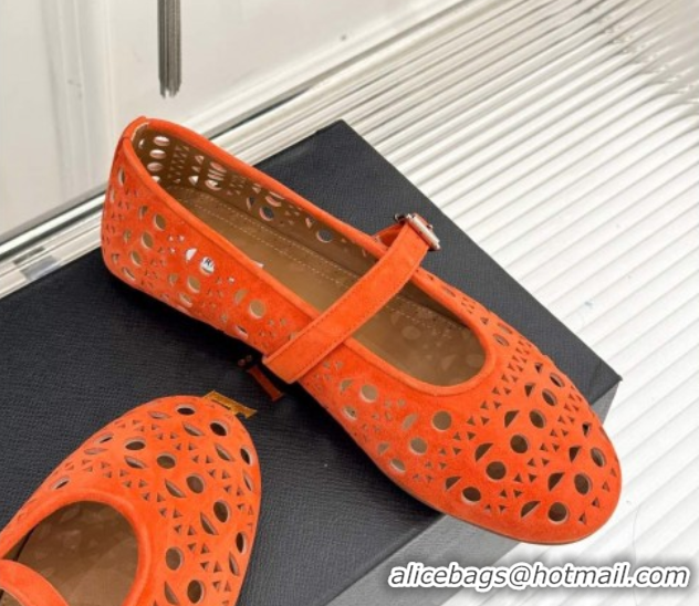 Buy Discount Alaia Ballet Flat in Openwork Suede Orange 0224042