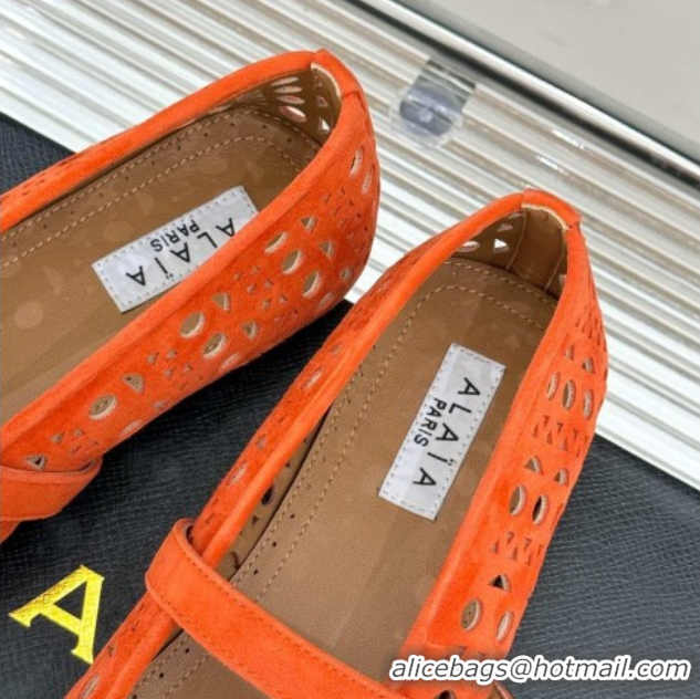 Buy Discount Alaia Ballet Flat in Openwork Suede Orange 0224042