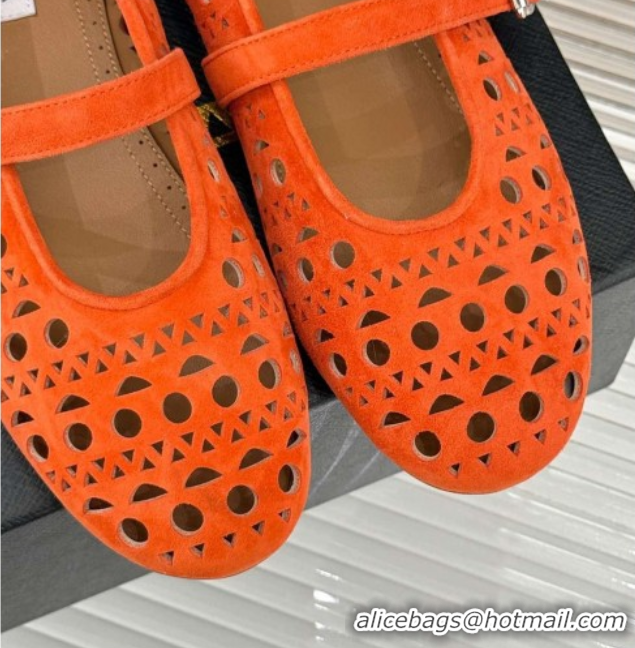 Buy Discount Alaia Ballet Flat in Openwork Suede Orange 0224042