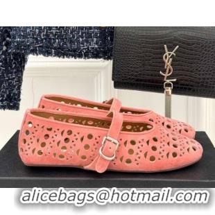 Good Quality Alaia Ballet Flat in Openwork Suede Light Pink 0224043
