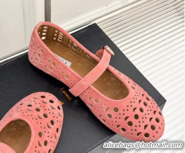 Good Quality Alaia Ballet Flat in Openwork Suede Light Pink 0224043