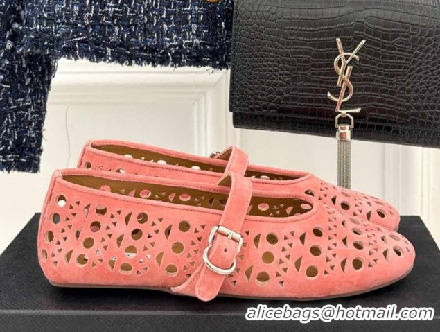 Good Quality Alaia Ballet Flat in Openwork Suede Light Pink 0224043