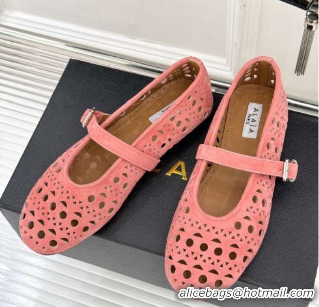 Good Quality Alaia Ballet Flat in Openwork Suede Light Pink 0224043