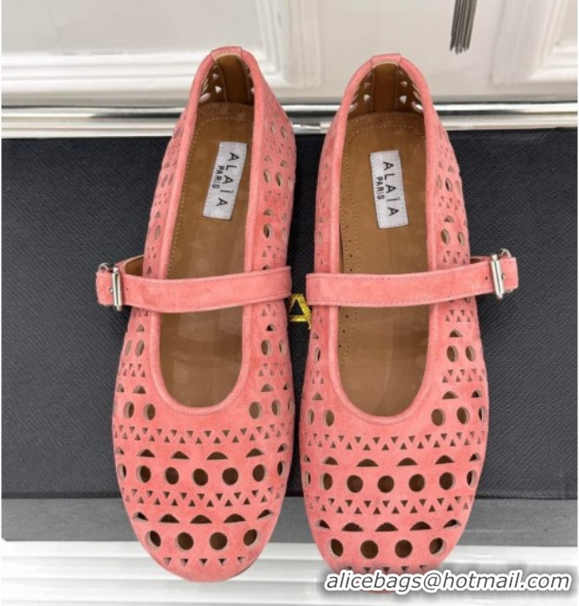 Good Quality Alaia Ballet Flat in Openwork Suede Light Pink 0224043