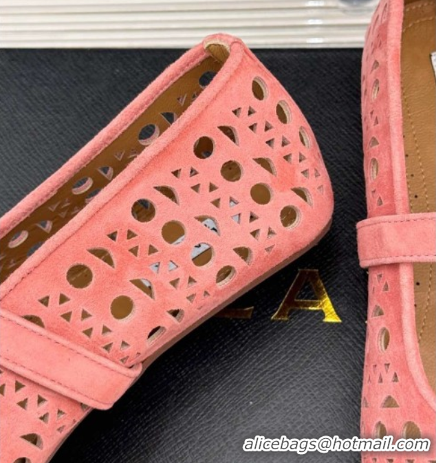 Good Quality Alaia Ballet Flat in Openwork Suede Light Pink 0224043