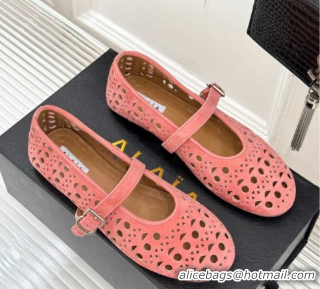 Good Quality Alaia Ballet Flat in Openwork Suede Light Pink 0224043