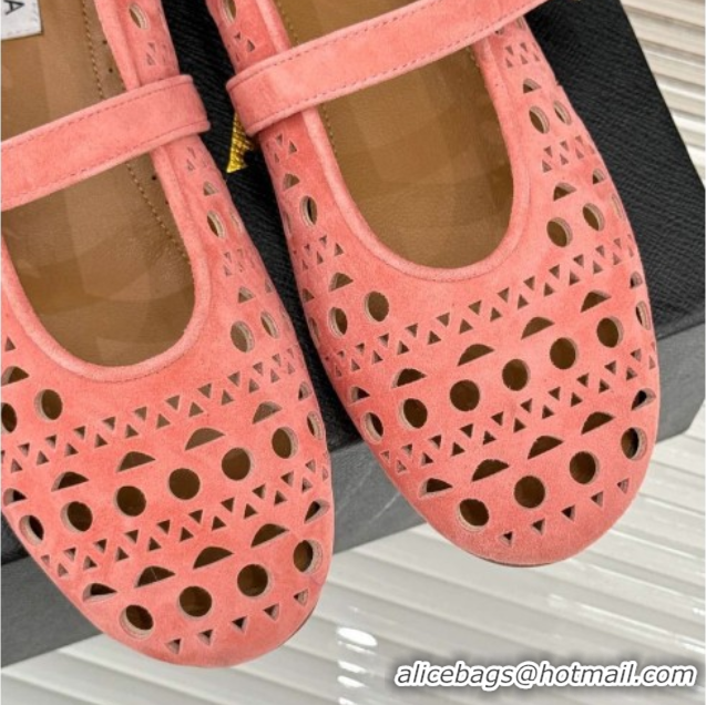 Good Quality Alaia Ballet Flat in Openwork Suede Light Pink 0224043