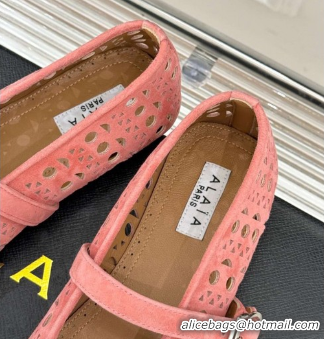 Good Quality Alaia Ballet Flat in Openwork Suede Light Pink 0224043