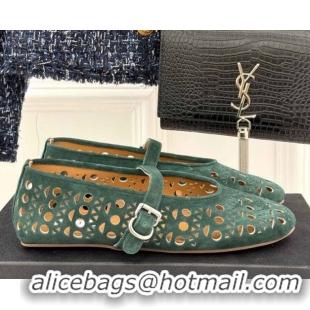 Pretty Style Alaia Ballet Flat in Openwork Suede Dark Green 0224044