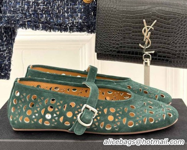 Pretty Style Alaia Ballet Flat in Openwork Suede Dark Green 0224044