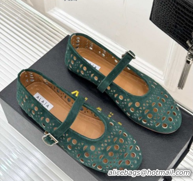 Pretty Style Alaia Ballet Flat in Openwork Suede Dark Green 0224044