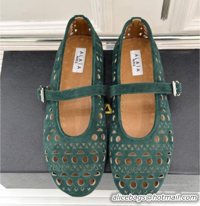 Pretty Style Alaia Ballet Flat in Openwork Suede Dark Green 0224044