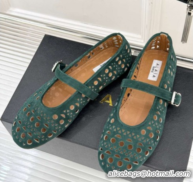 Pretty Style Alaia Ballet Flat in Openwork Suede Dark Green 0224044