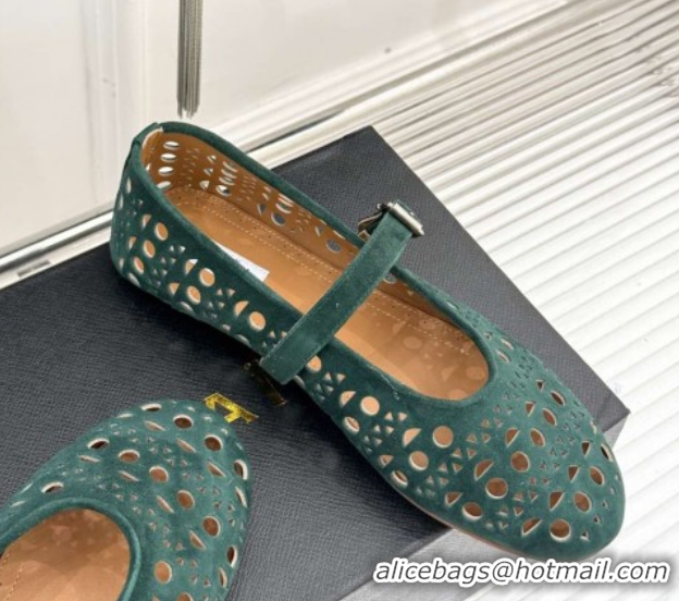 Pretty Style Alaia Ballet Flat in Openwork Suede Dark Green 0224044