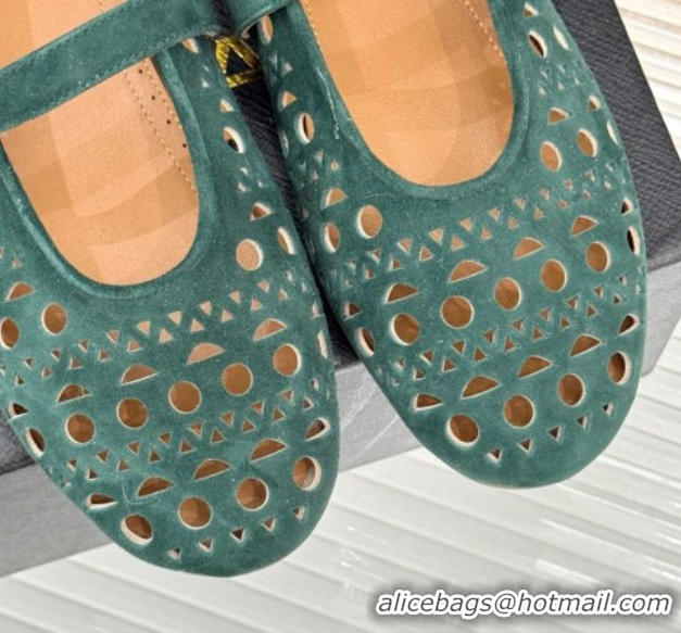 Pretty Style Alaia Ballet Flat in Openwork Suede Dark Green 0224044