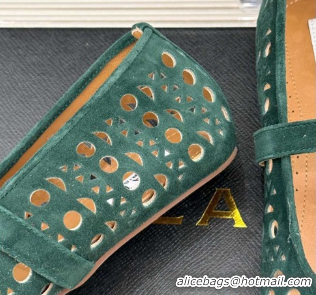 Pretty Style Alaia Ballet Flat in Openwork Suede Dark Green 0224044